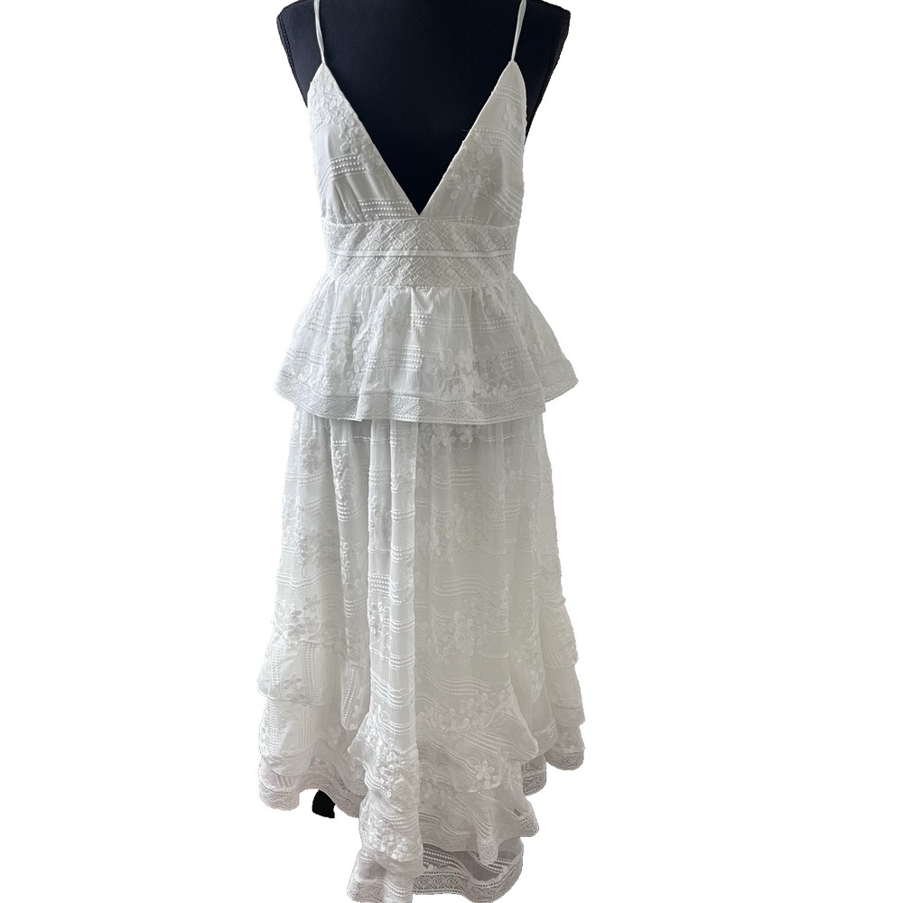 Gianni Bini Lace Overlay Midi Dress Size 4 | V-Neck‎ Tiered A-Line Peplum White